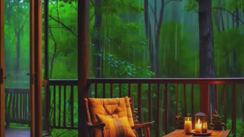 Rainy Evening on a Wooden Cabin Porch.