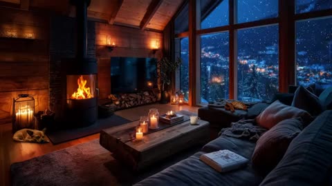 Snowy Evening in Cozy Cabin | Windy Winter Night, Fireplace, Cat & Dog, Mountain Village Lights