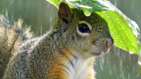 Squirrel sheltering under a leaf during light rain