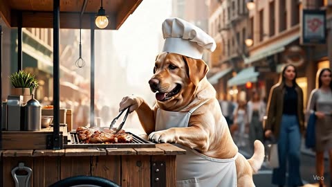 A DOG MAKING CHICKEN FRY