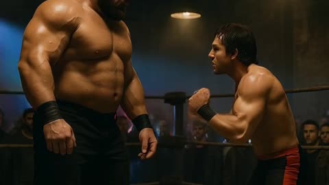 An intense Wrestling standoff in a pro ring under dramatic arena lighting.