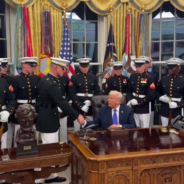 PDJT gave the Marines Silent Drill Platoon Presidential challenge coins