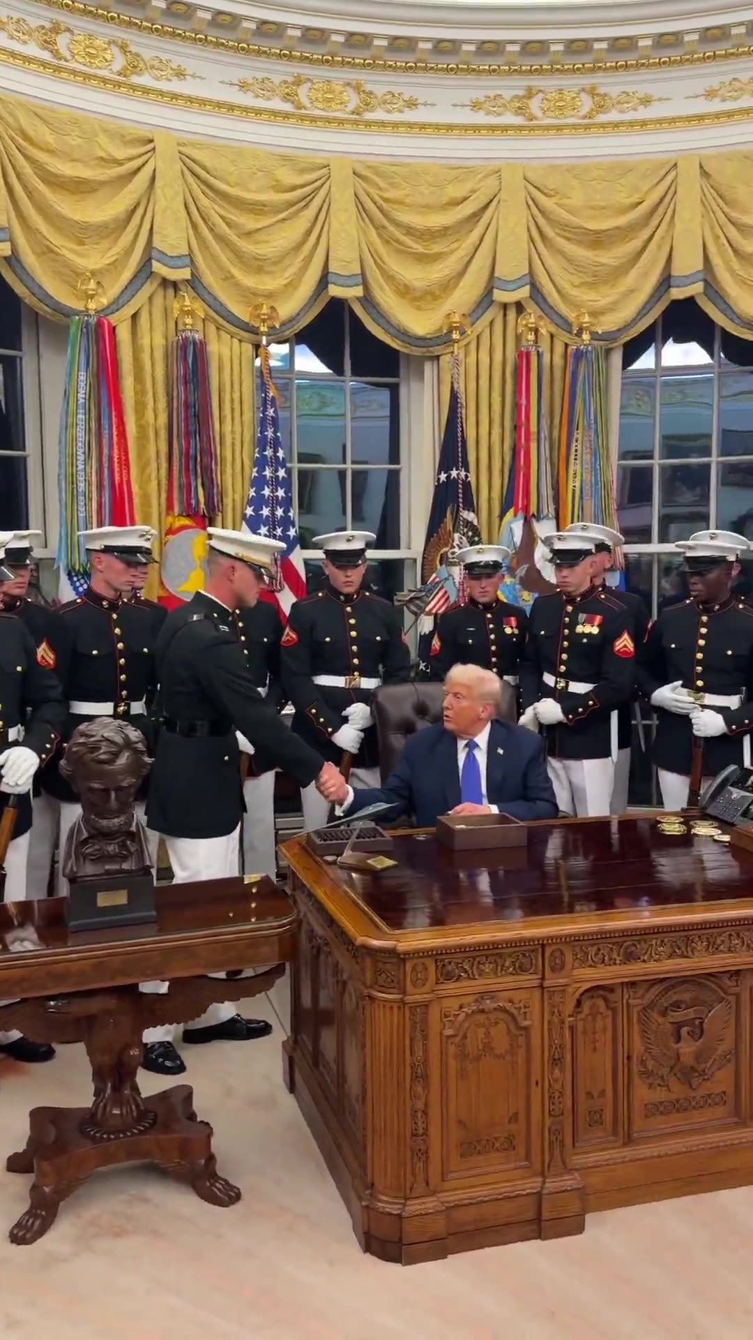 PDJT gave the Marines Silent Drill Platoon Presidential challenge coins