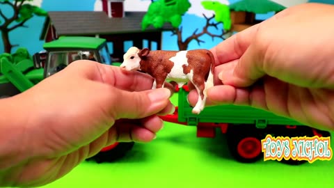 Red Tractor Carrying Pigs and Chickens to be Moved to the Pen