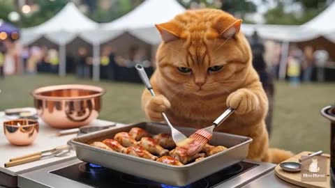 Mama Cat and Kitten Catches Fish in The Stream Outdoor Cooking Mountain Forest Relax Story 🐾🍴🐱