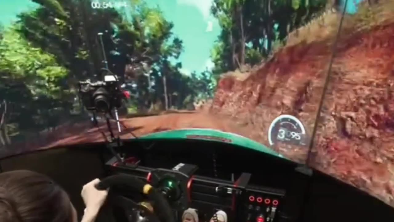 Beautiful Woman Playing Rally Game on Epic Sim Racing Rig