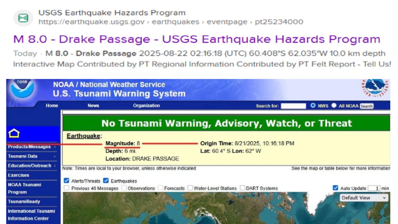 8.0 EARTHQUAKE!! DRAKES PASSAGE/SOUTHERN TIP OF S. AMERICA!!