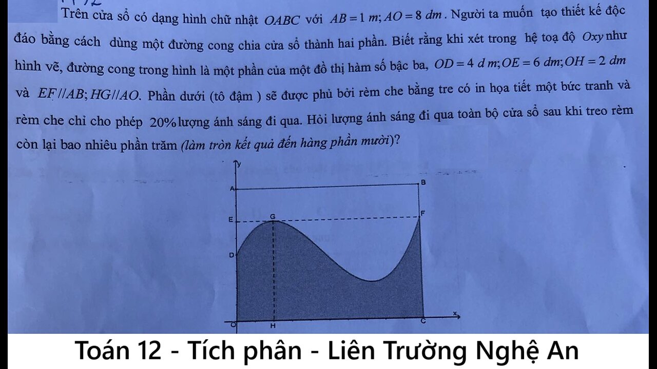Liên Trường Nghệ An: Trên cửa sổ có dạng hình chữ nhật OABC với AB = 1 m; AO = 8 dm. Người ta muốn