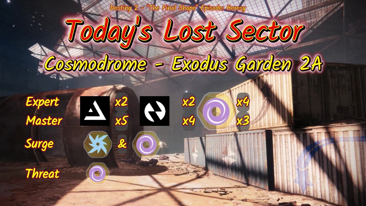Destiny 2: 3-19-25 Exodus Garden 2A is the Lost Sector. Arc/Void Surge.