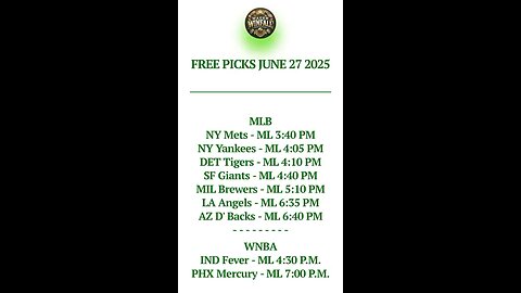 FREE MLB PICKS JUNE 27 2025