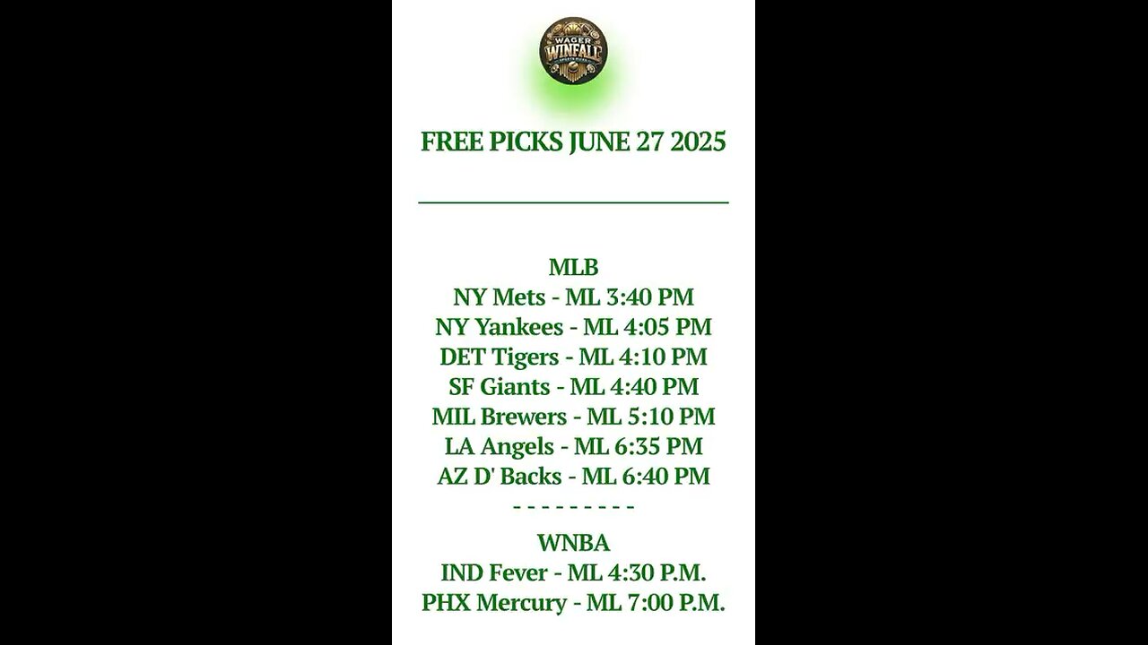 FREE MLB PICKS JUNE 27 2025
