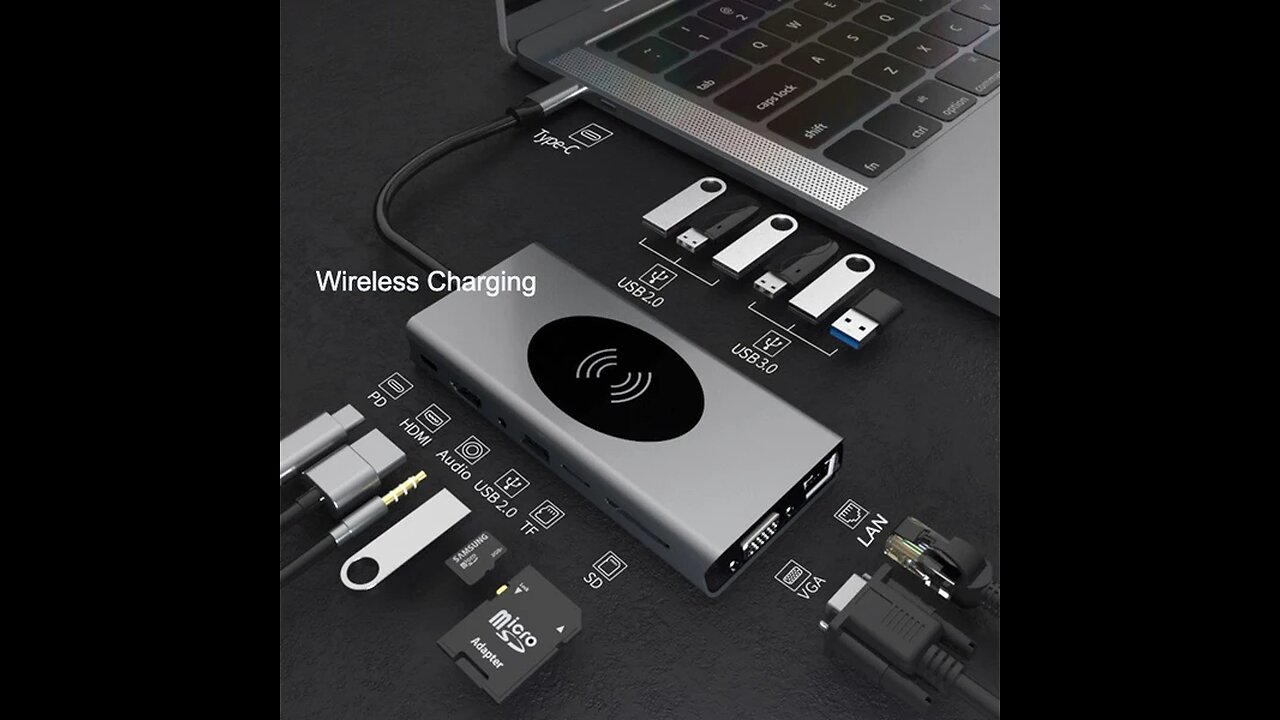 Portable 15-in-1 USB C Hub Adapter, with Wireless Charging Board, 4kHDMI, SD_TF Card Reader Ethernet