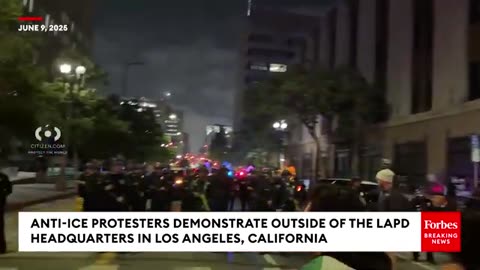 Anti-ICE Protesters Demonstrate Outside Of The LAPD Headquarters In Los Angeles, California