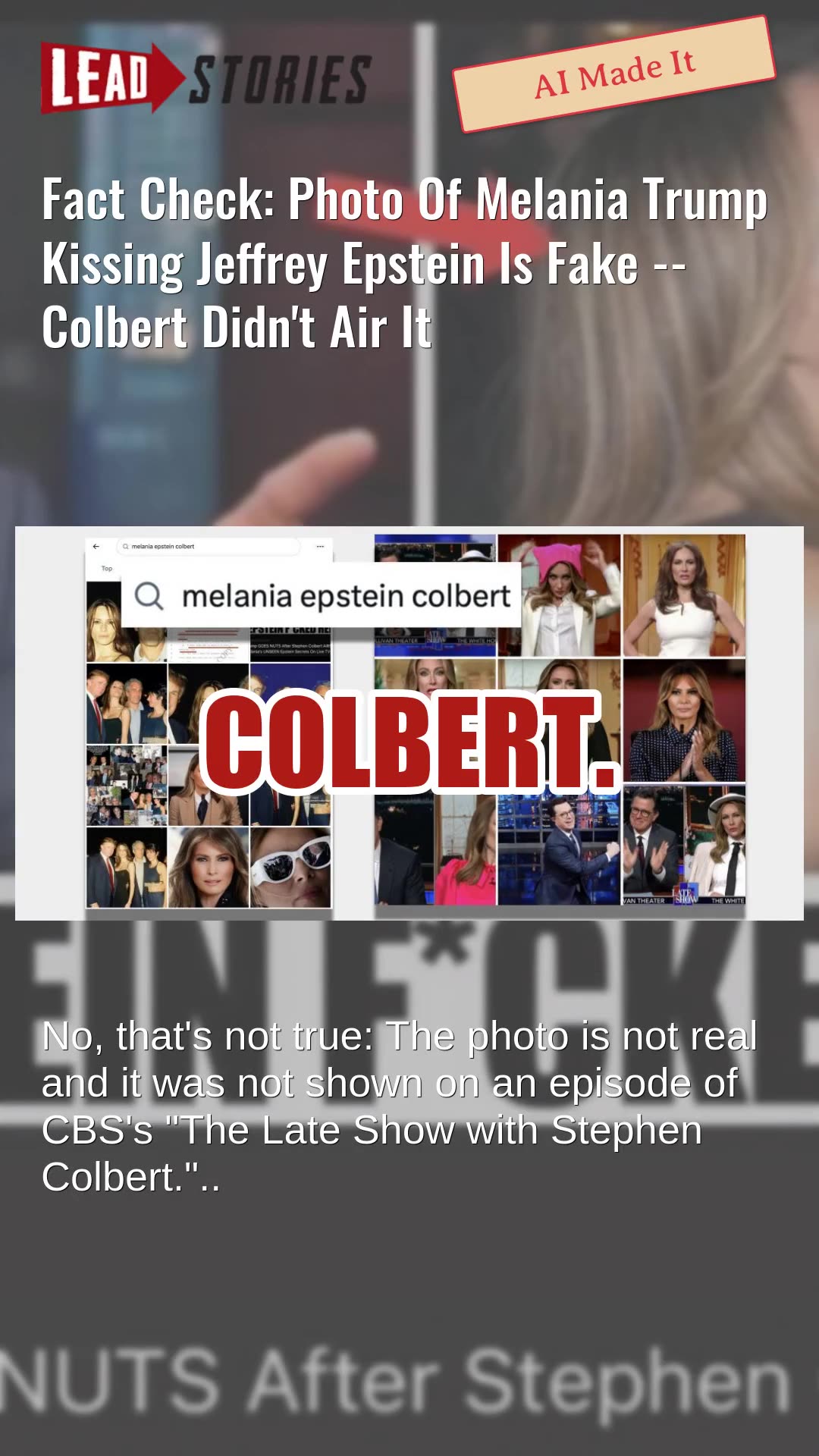 Fact Check: Photo Of Melania Trump Kissing Jeffrey Epstein Is Fake -- Colbert Didnt Air It