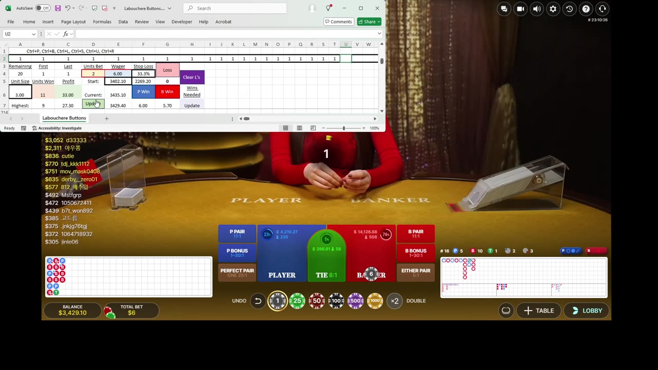 Live Baccarat - 34 units won in 15 minutes with BEC BER T2s BS and 20 number sequence Labouchère MM
