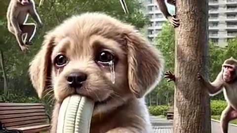 The dog stole a banana from the monkeys.