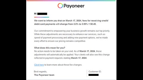 Payoneer Fees for receiving credit/debit card payments increased