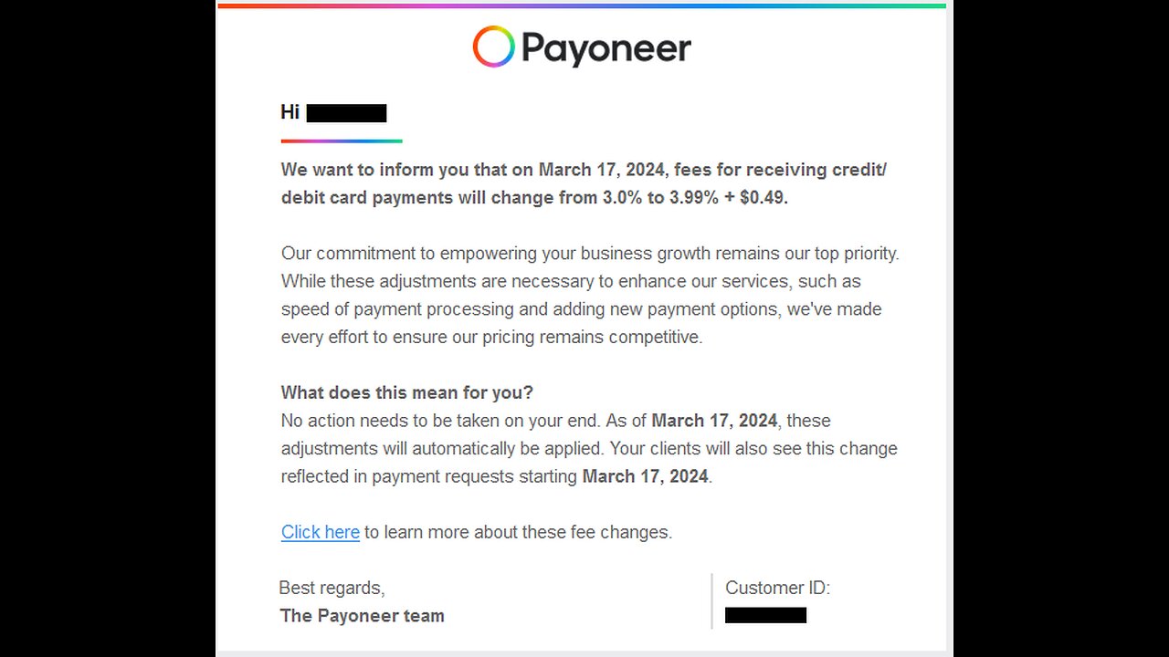 Payoneer Fees for receiving credit/debit card payments increased
