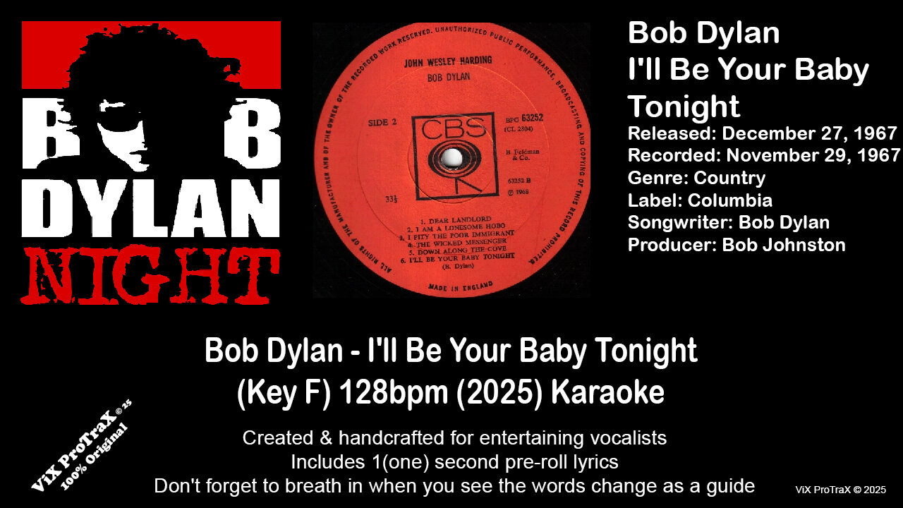Bob Dylan - I'll Be Your Baby Tonight (Key F) 128bpm (2025) Karaoke