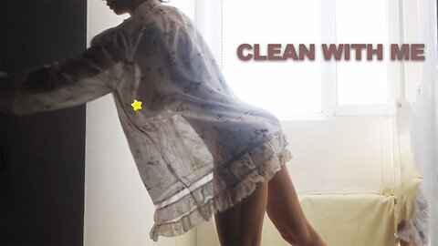 Transparent organizing and cleaning with fit model girl in a dress