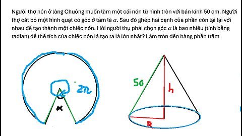 Toán 12: Người thợ nón ở làng Chuông muốn làm một cái nón từ hình tròn với bán kính 50 cm
