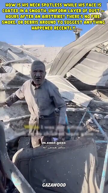 Pallywood - Israeli airstrike left this Gazan perfectly well, but with face (only) full of ashes?