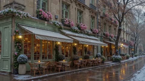 Smooth Christmas Jazz Music & Gently Snowy For Relax - Cozy Street Coffee Shop Christmas Ambience