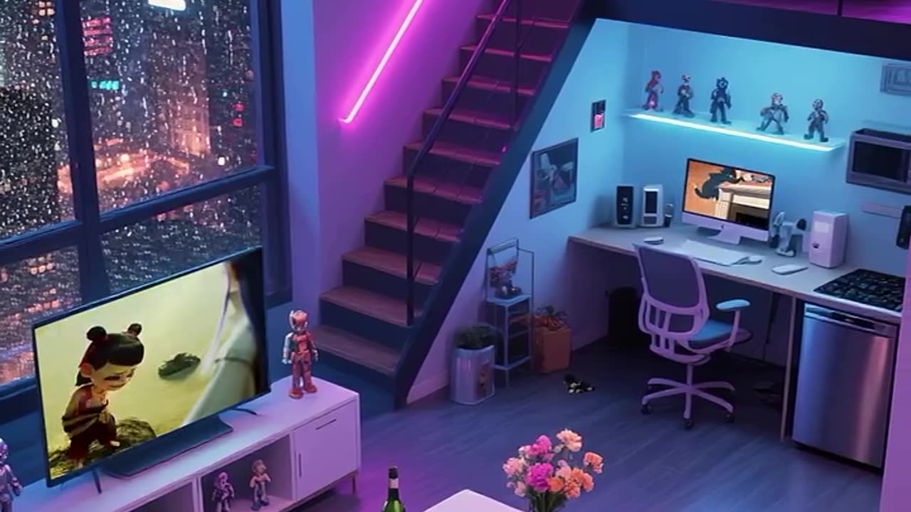 Cozy loft apartment neon design