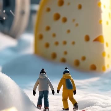 a couple of miniature people riding snowboards next to a piece of cheese