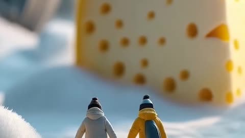 a couple of miniature people riding snowboards next to a piece of cheese