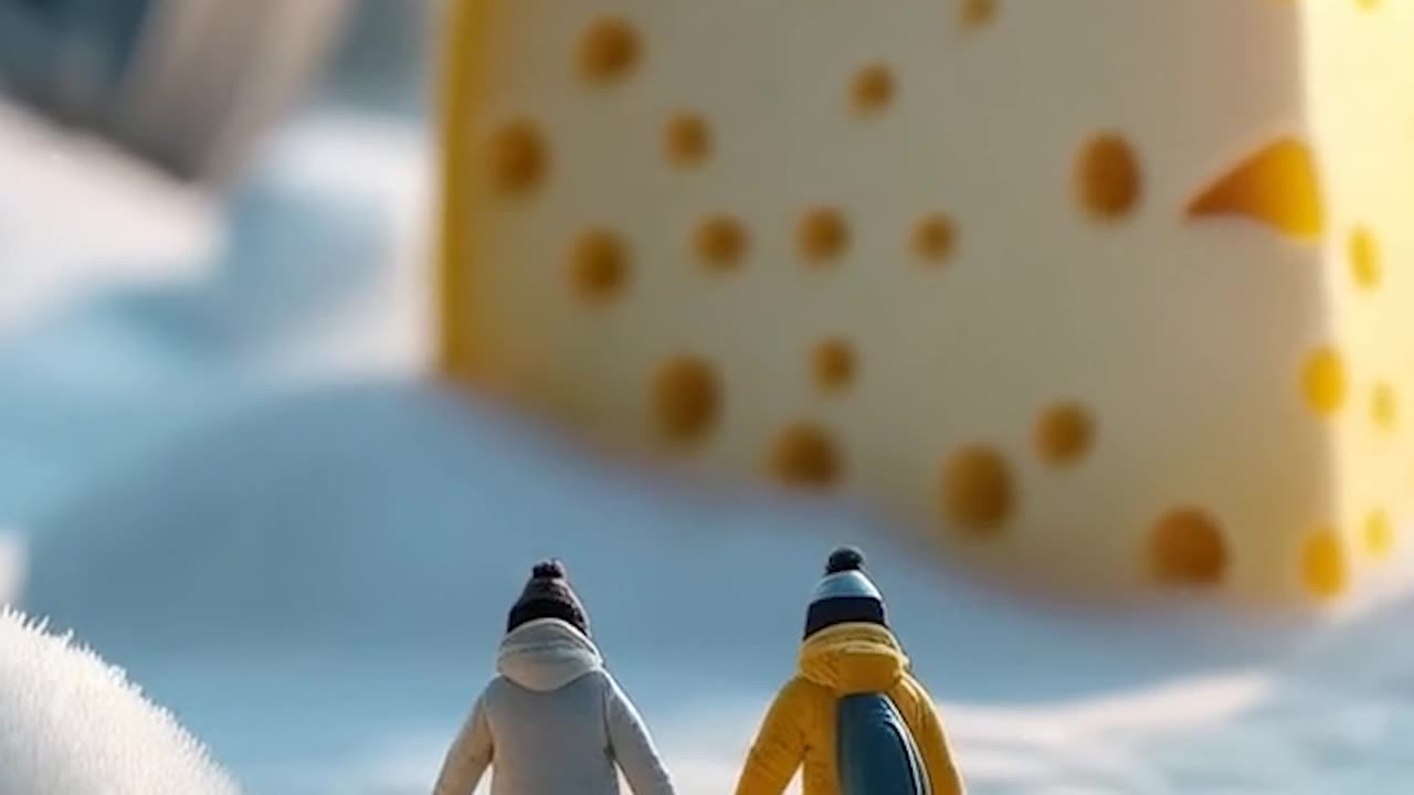 a couple of miniature people riding snowboards next to a piece of cheese