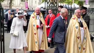 Britain's King Charles and guests arrive for VE day service