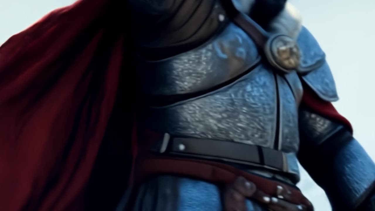 A Viking man with a beard, wearing silver armor and a red cape, rides a large white bear.