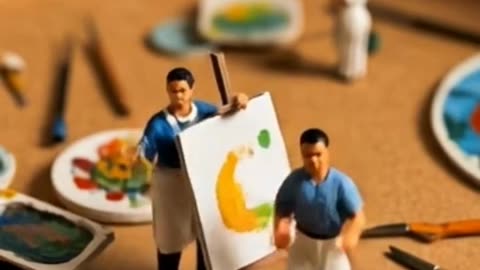 tiny people painting and dancing