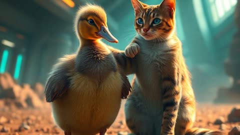 Epic scene, modern future setting A disabled duckling and cat friend