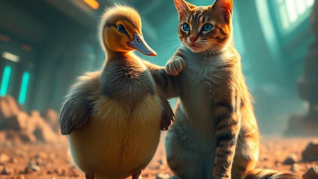 Epic scene, modern future setting A disabled duckling and cat friend