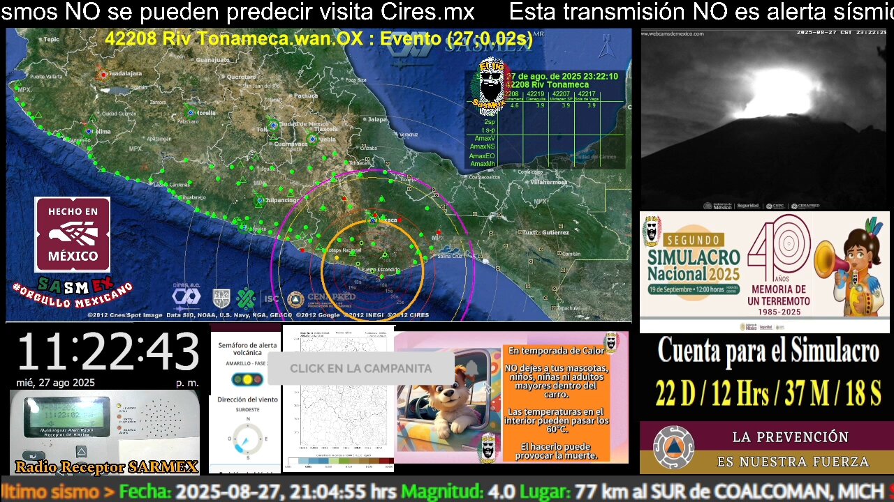 SISMO Magnitud 4.5 a 37 km al SUROESTE de S PEDRO POCHUTLA, OAX 27/08/25 #noameritoalerta #SASMEX