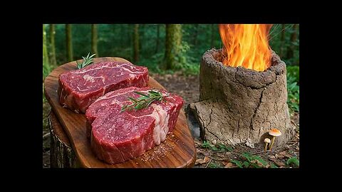 Primitive Steak Cooking in a Clay Oven Built from Mud and Sticks
