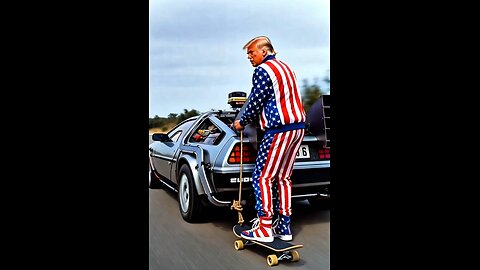 Donald Trump skateboarding on the back of the back to the future DeLorean.