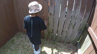 Blasian Babies Brother Helps DaDa Apply Wood Stain To Blend New Wood Fencing With Old Fencing!