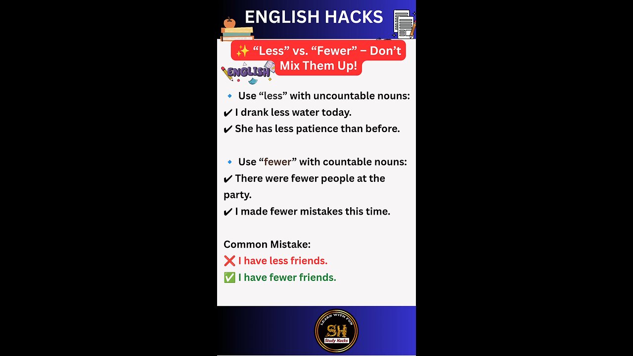 less vs🆚 Fewer Don't mix them up! Daily use word #studyhacks123 #spokenenglish #grammar #shorts