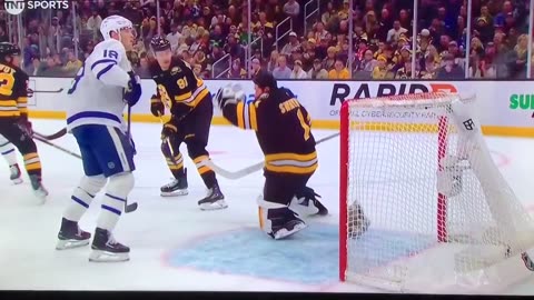 Leafs blue liner almost takes Swayman’s head off.