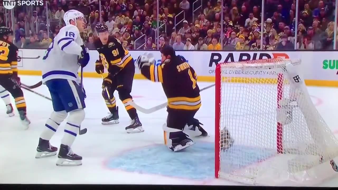Leafs blue liner almost takes Swayman’s head off.