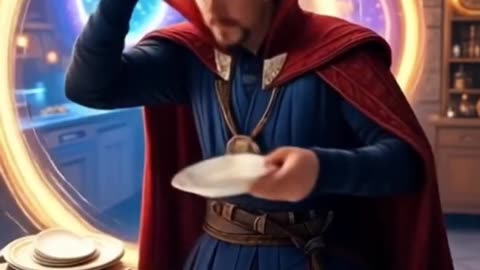 Dr. Strange uses his magic to wash the dishes, but the dirty ones get mixed up with the clean ones.