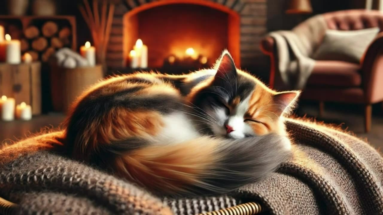 Fireside Whispers 🕯️🐾 _ Calico Cat Purring by the Fireplace for Deep Relaxation