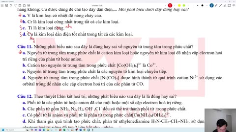 VIDEO BÀI TẬP ĐÚNG SAI CHỦ ĐỀ KIM LOẠI CHUYỂN TIẾP PHỨC CHẤT