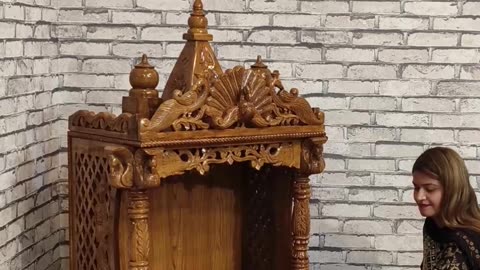Teak Wood Temple with Triple Peacock Design | Drawer & Bhog Tray
