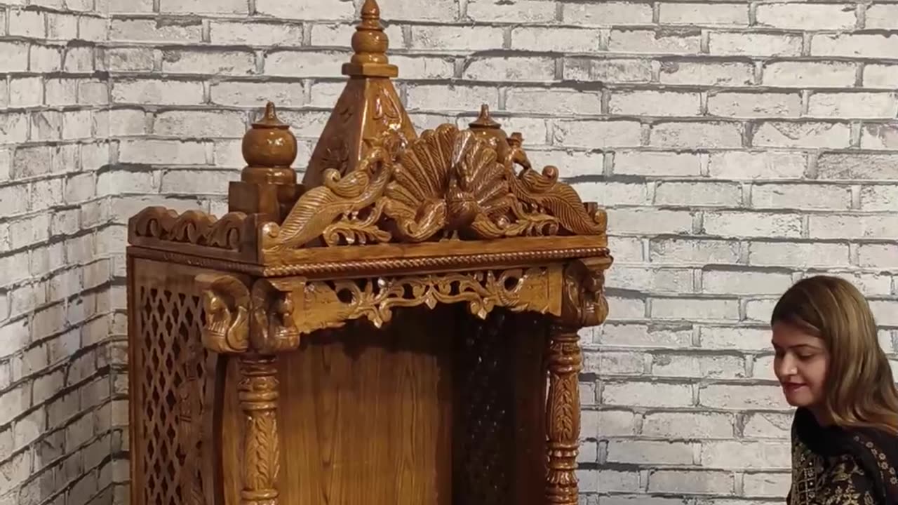 Teak Wood Temple with Triple Peacock Design | Drawer & Bhog Tray