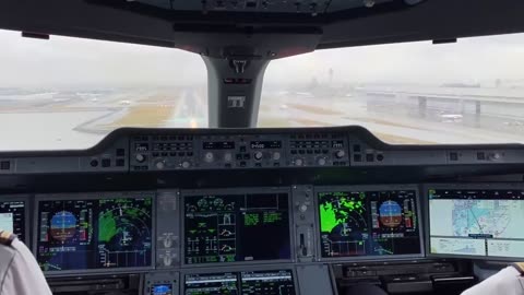 Approach and landing of an Airbus A350-900 at Tokyo Haneda Airport, Japan, in heavy rain