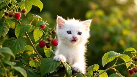 The cat eats raspberries